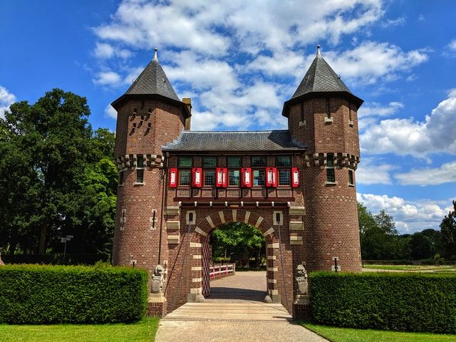 Gate bridge with two towers at Castle De Haar, Netherlands