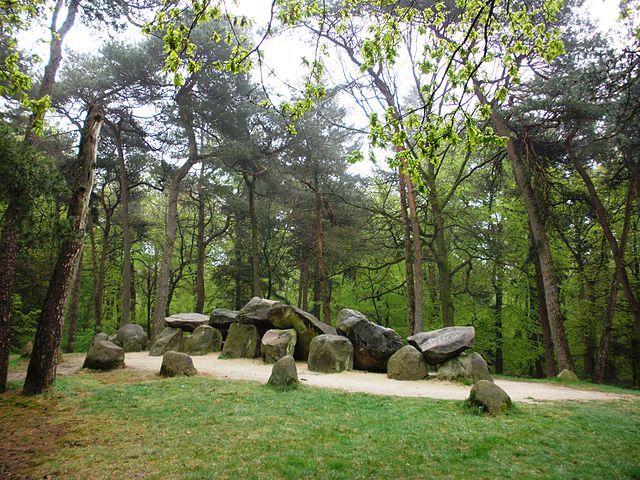 Dolmen atop a hill in the forest, Hunebed D45, Emmen, Netherlands