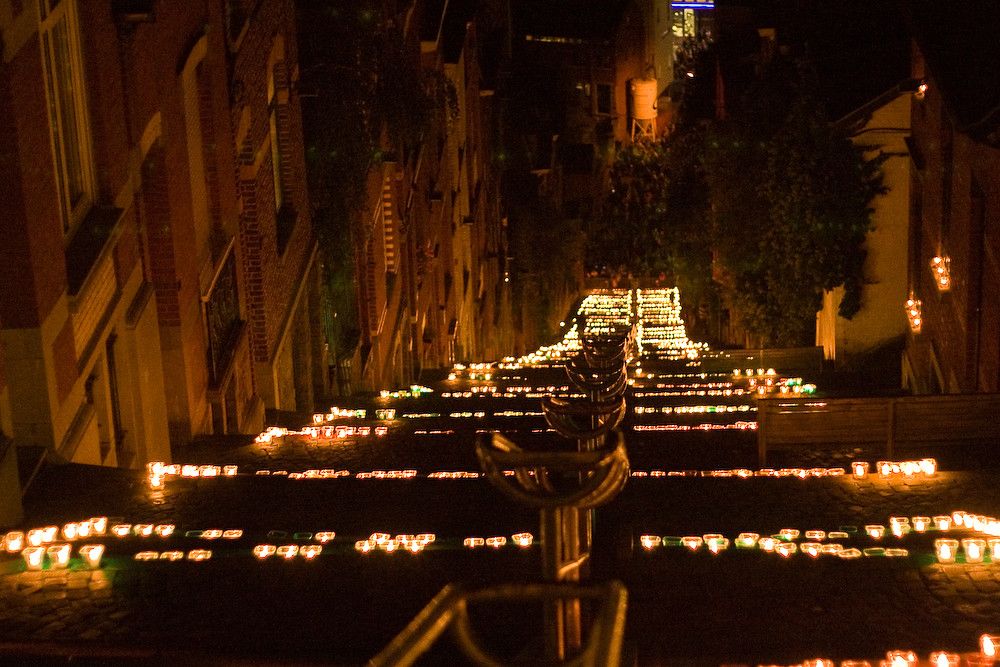 October night time lights event La Nocturne des Coteaux de la Citadelle at Montagne de Bueren, Liege, Belgium