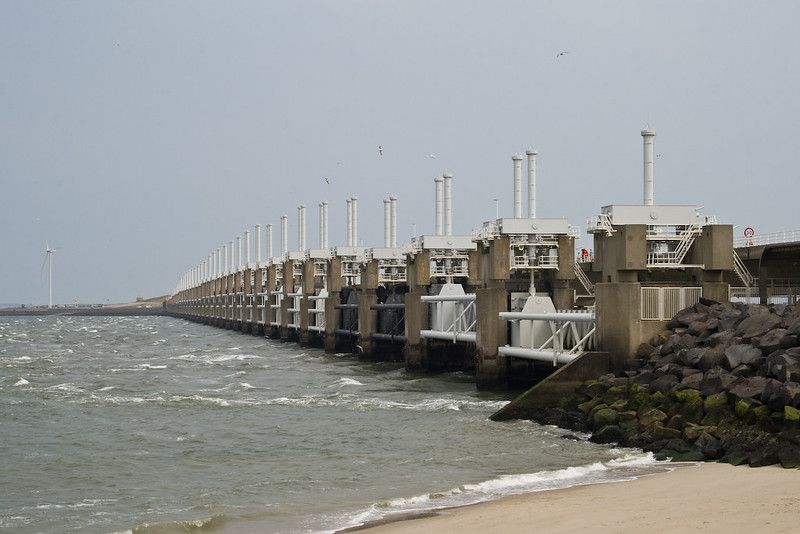 The Eastern Scheldt Storm Surge Barrier stretched out into the sea on a dull day near Vrouwenpolder, Zeeland.