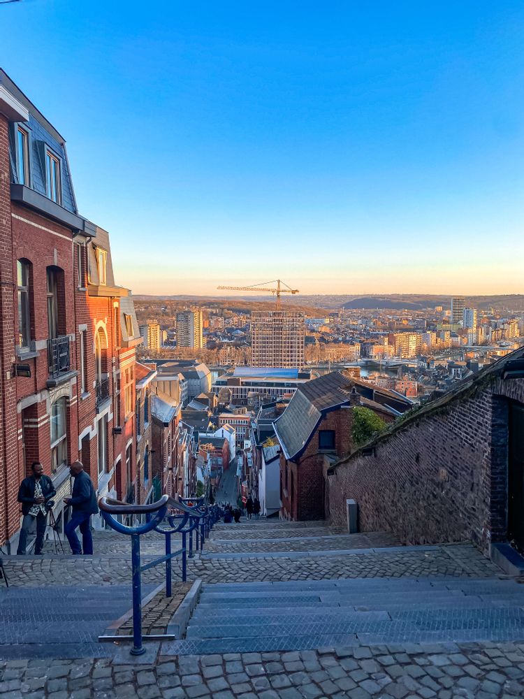 City skyline view from the top steps of Montagne de Bueren, Liege, Belgium