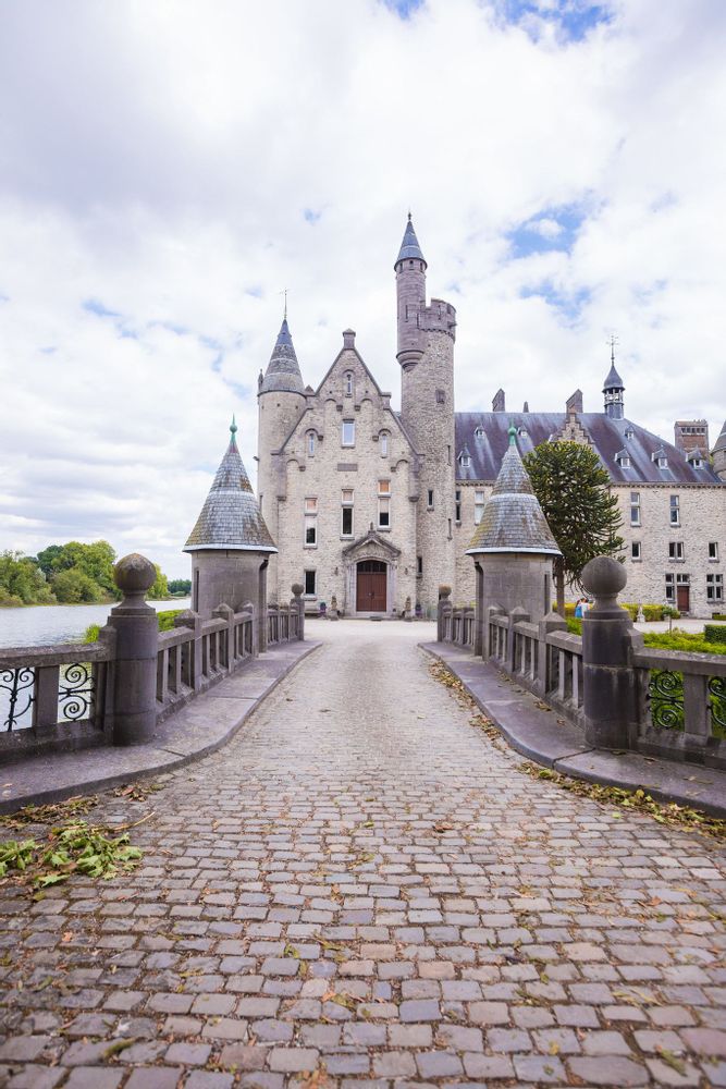 Front entrance and bridge to Castle Marnix de Sainte Aldegonde, Bornem Castle, Belgium