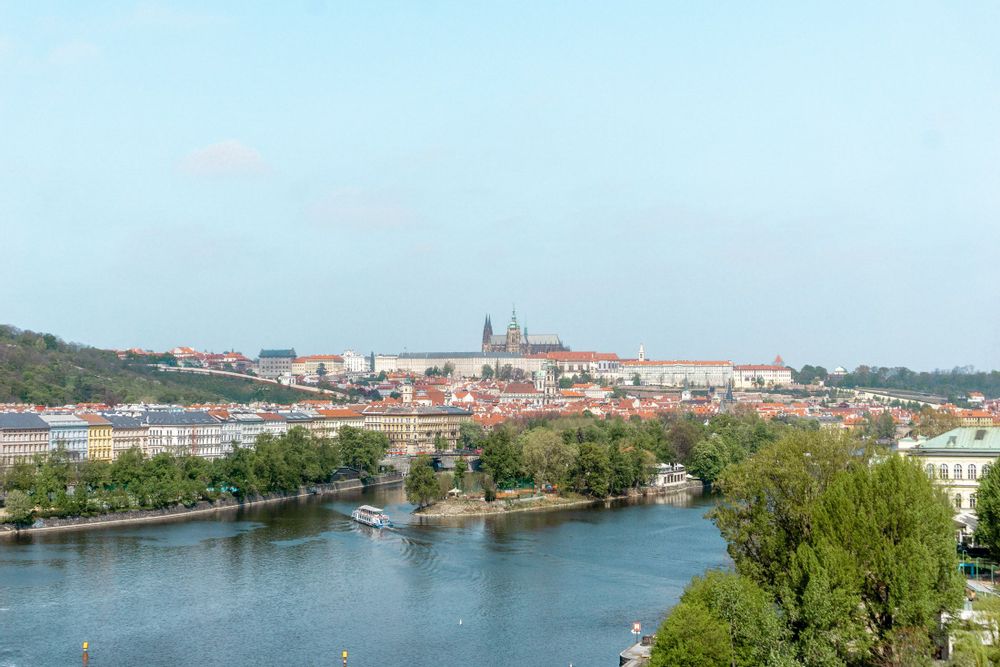 View from the Dancing House of the river and Prague, Czech Republic