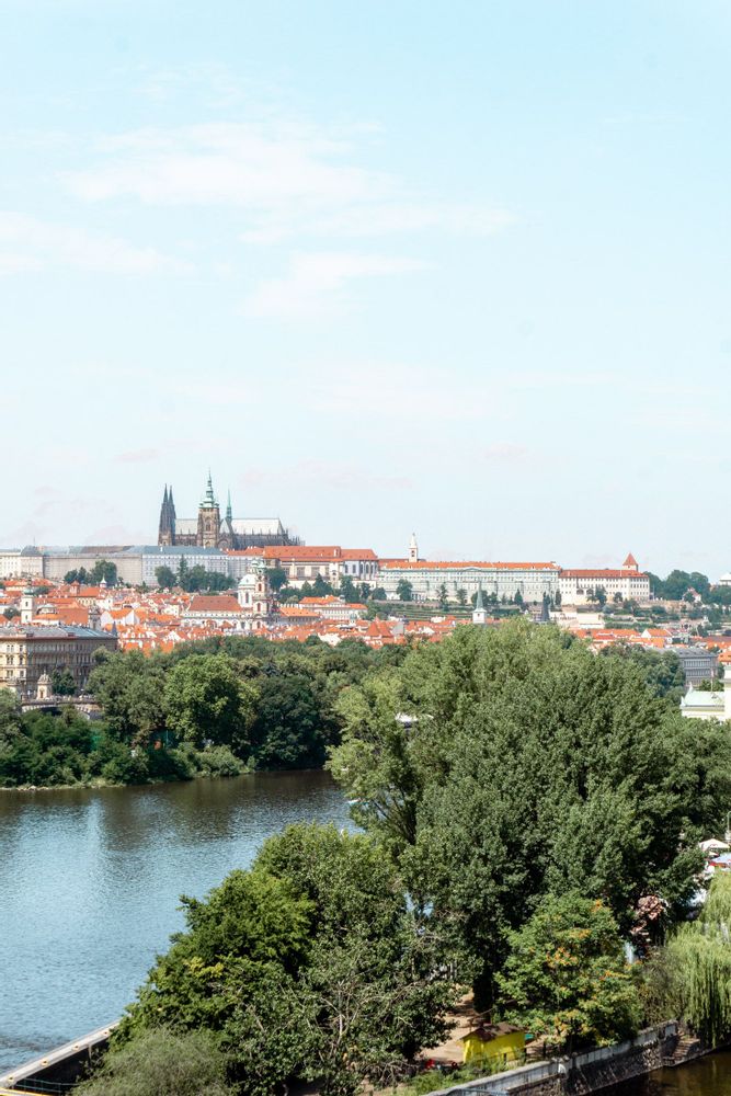 City view and river from the Dancing House, Prague, Czech Republic