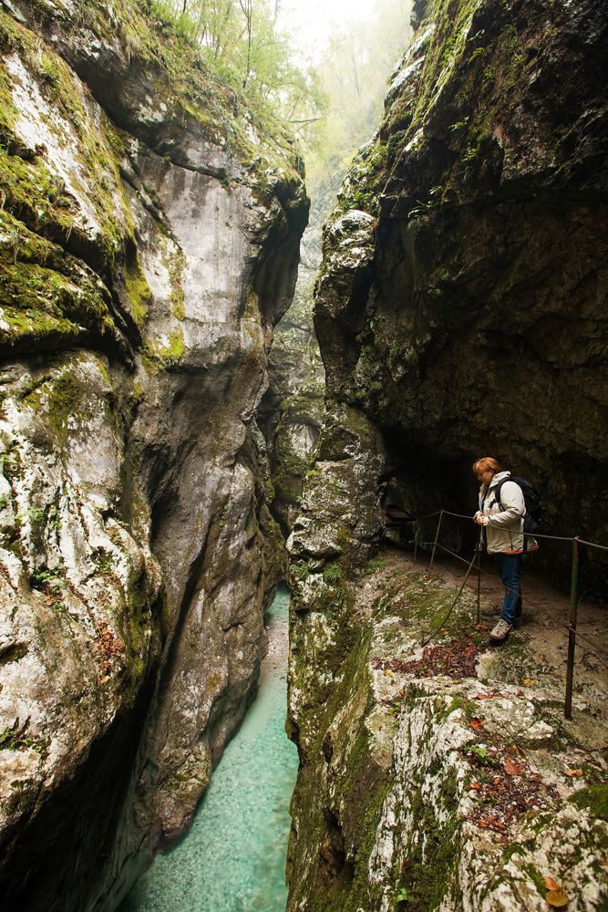 A person peering over the Tolmin Gorge from a railing stand.