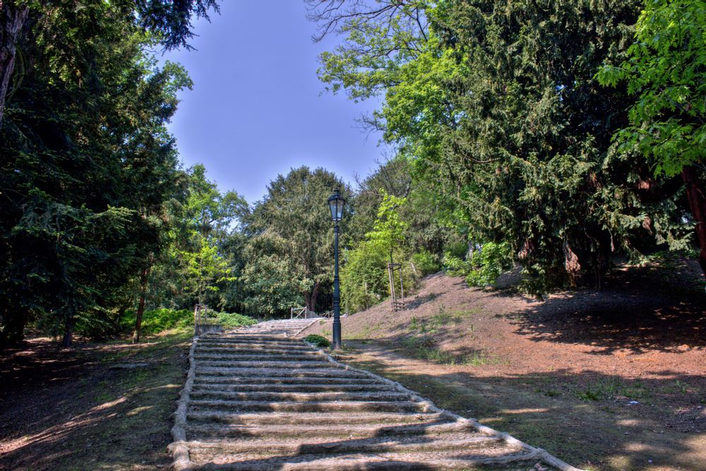 Walking path through the trees at Havlicek Park, Prague, Czechia