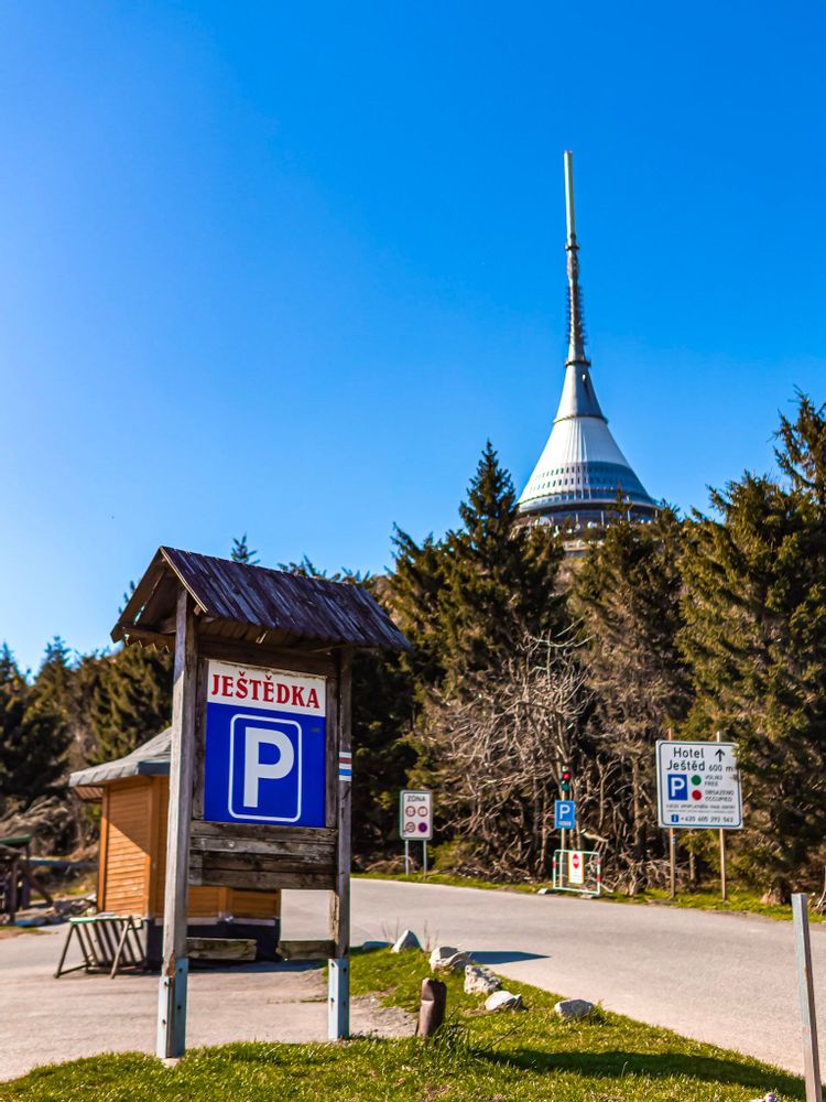 Parking outside and below the Jested tower, Czechia