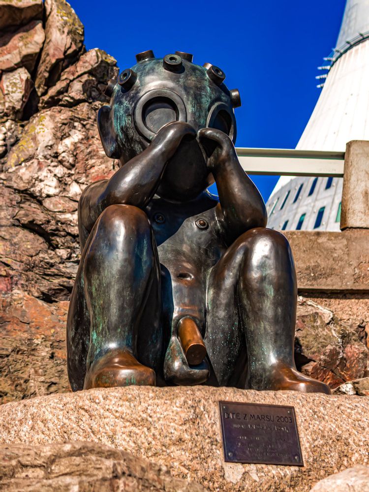 Statue of a child wearing a gas mask at Jested, Liberec, Czechia