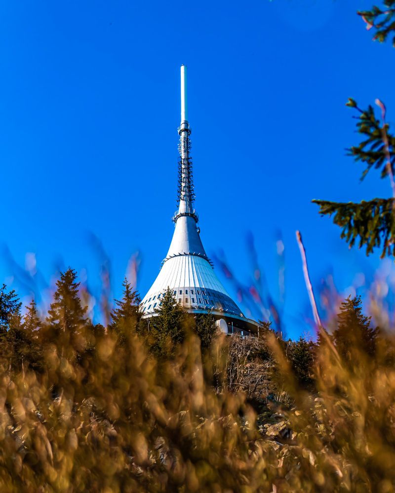 Jested tower and restaurant atop a hill in Liberec, Czechia