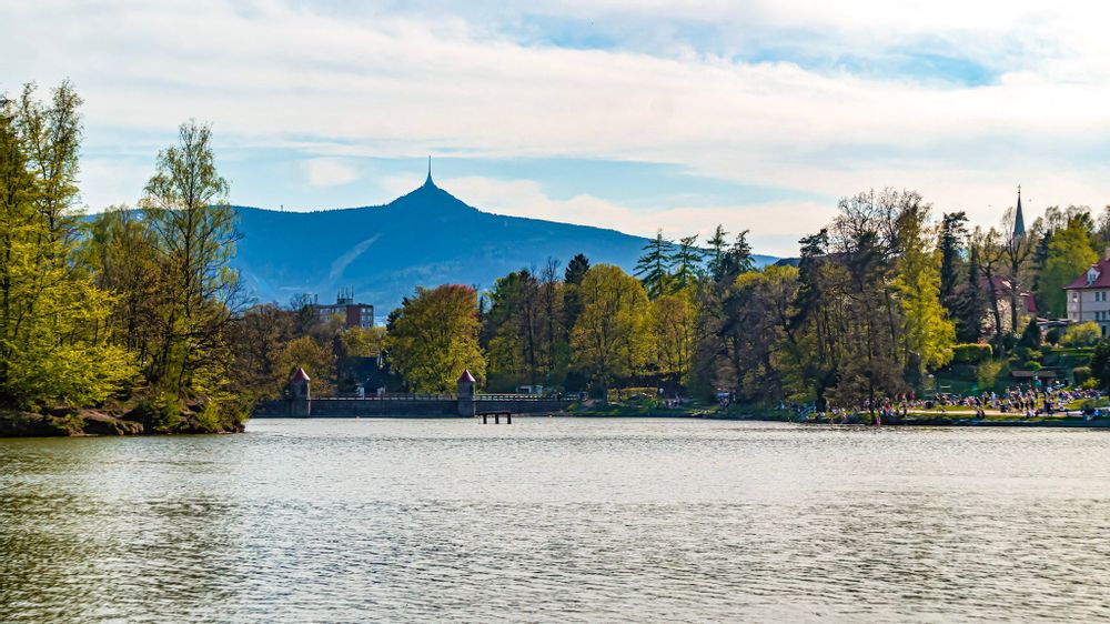 Lake and trees near the Jested tower in Liberec, Czechia