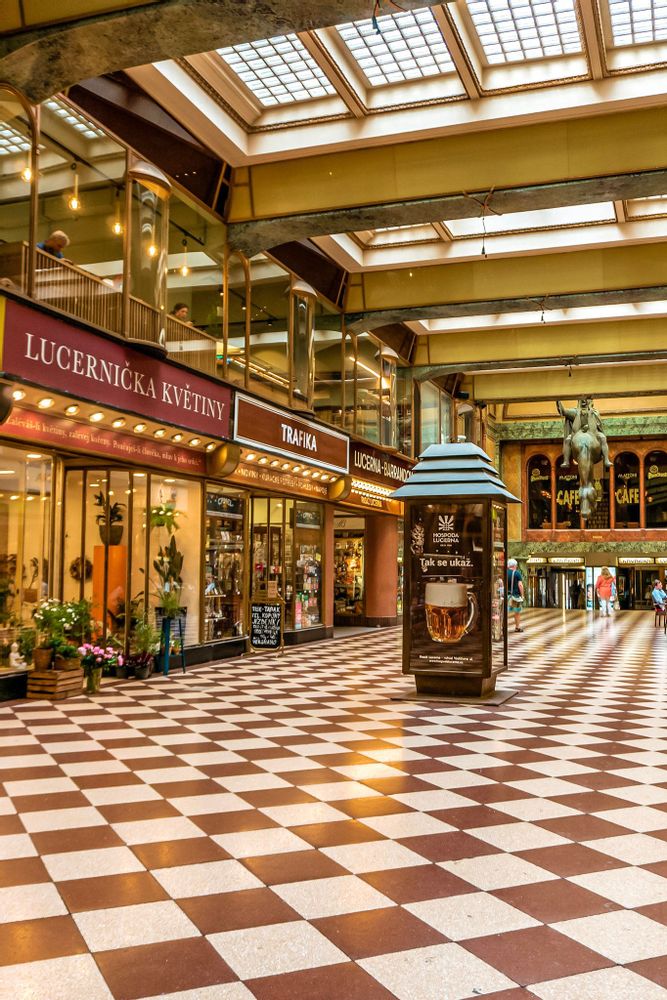 Indoor shops and cafes in Lucerna Passage, Prague, Czech Republic
