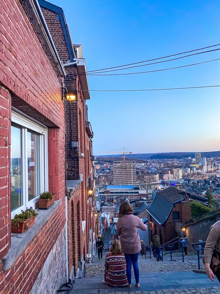 Two women looking at the view of the city from Montagne de Bueren, Liege, Belgium