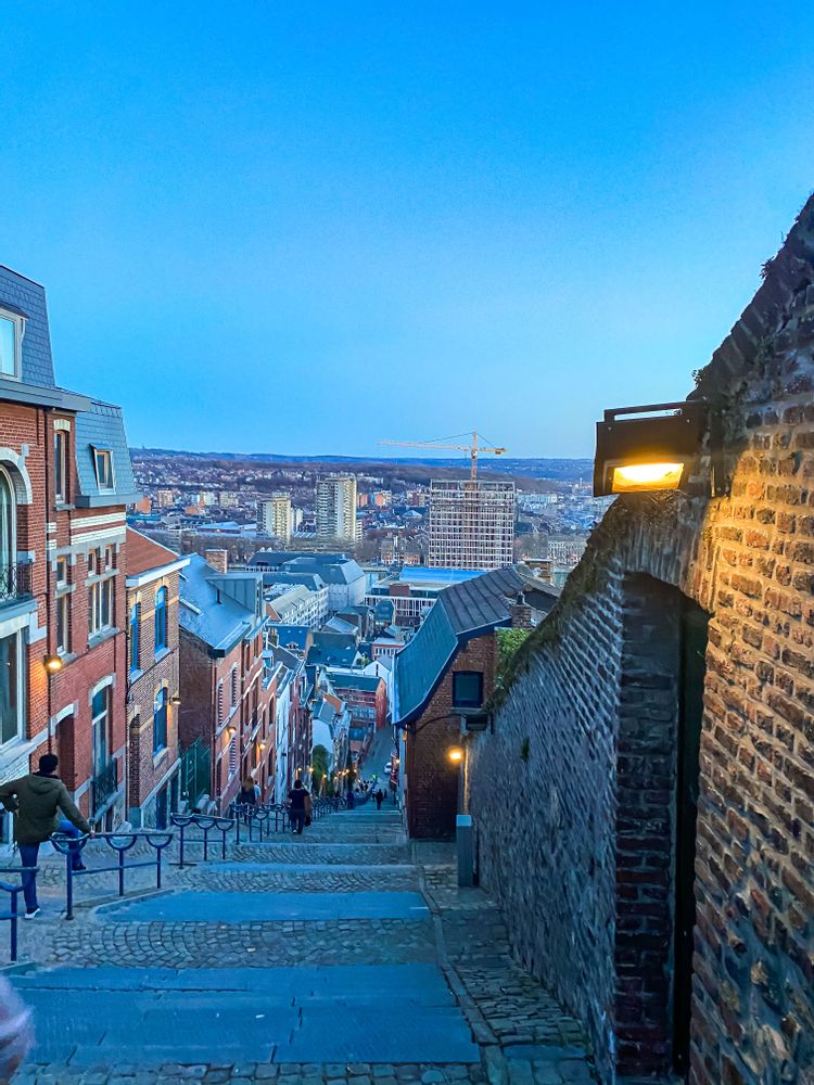 Afternoon urban city scene at the top of staircase Montagne de Bueren, Liege, Belgium