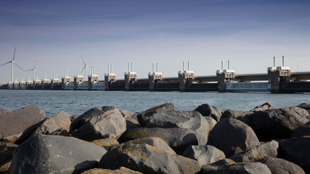 A view of the Eastern Scheldt Storm Surge Barrier from Vrouwenpolder, Zeeland.