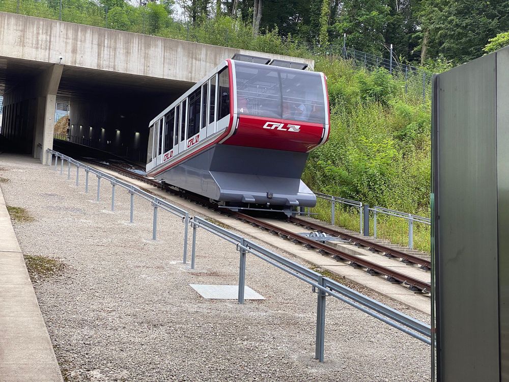 The funicular on the rails going up.