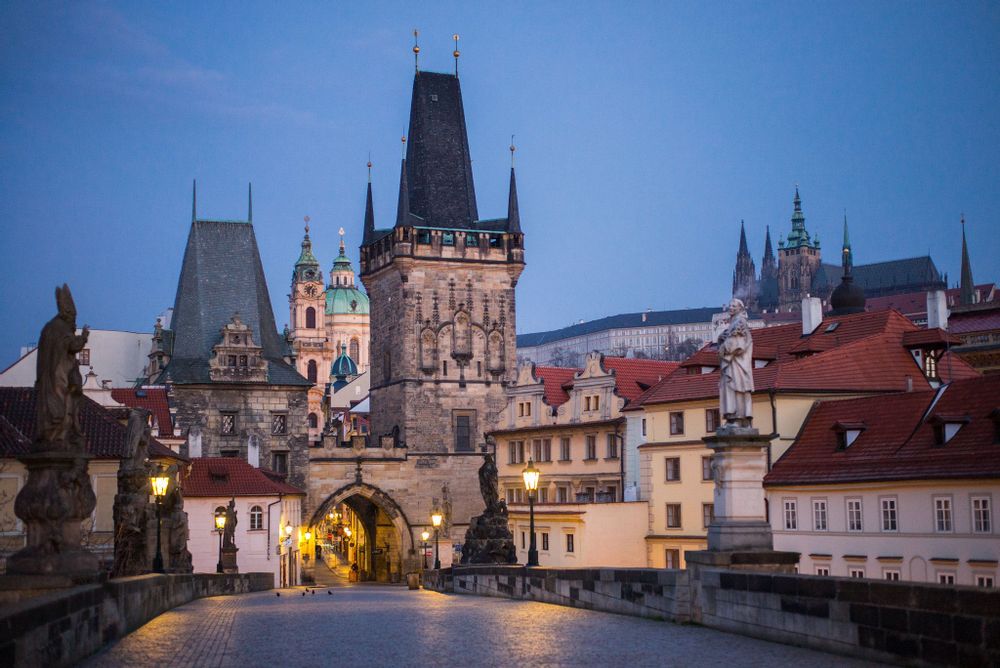 Bridge at night across a river to Prague castle, Prague, Czech Republic
