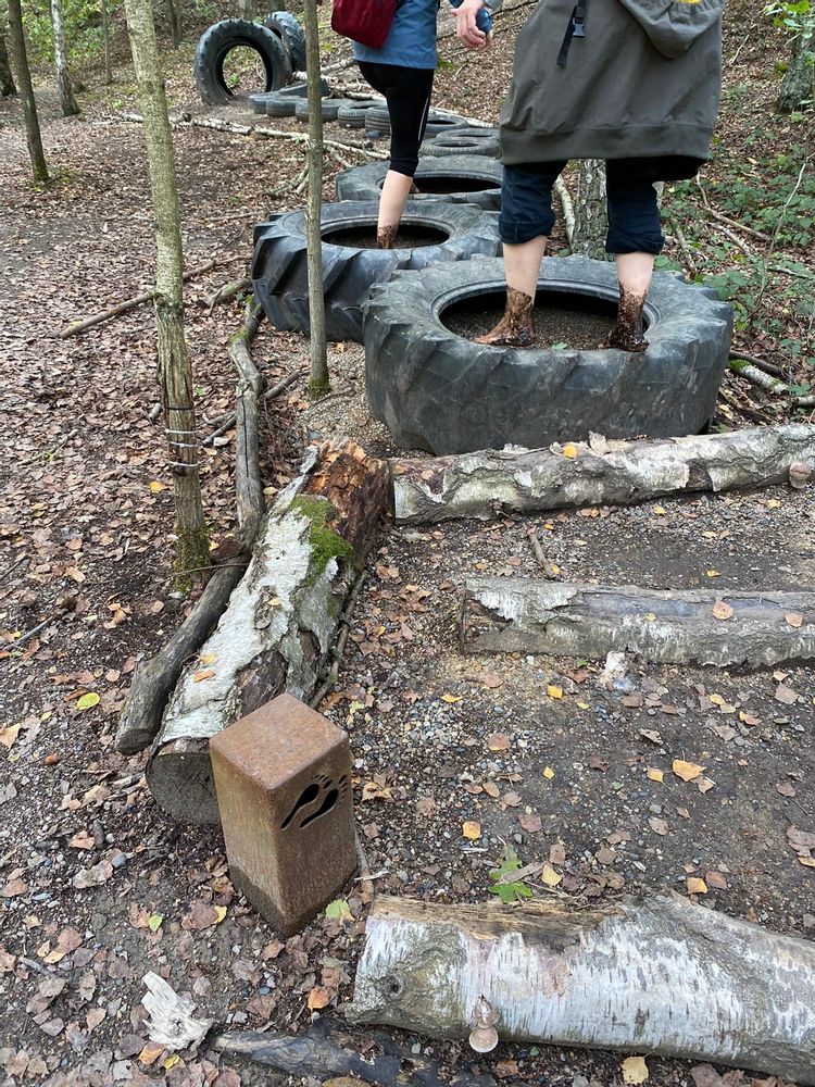 Trekkers walking on tyres and logs on part of the barefoot walking trail in De Schorre park in Antwerp, Belgium