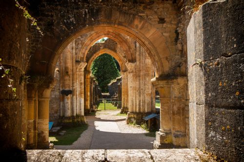 Ruins and infomational boards at the historical tourist sight Abbaye d'Orval, Belgium