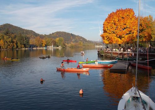 DravaCenter Bar in autumn with canoes available for rent.