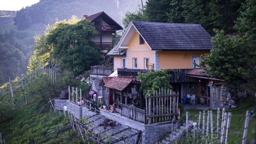 The views of Ostrovrhar's wine trails with traditional building. 