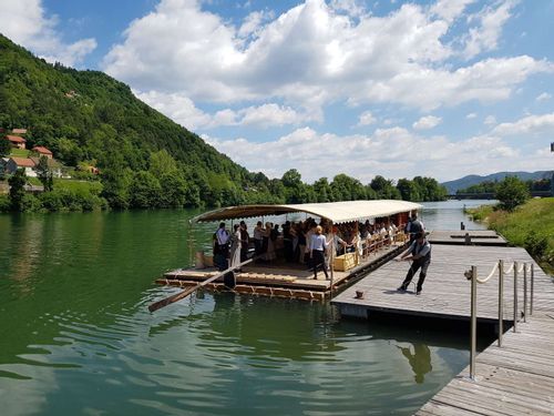 Embarking on the docks to raft on the Sava River.