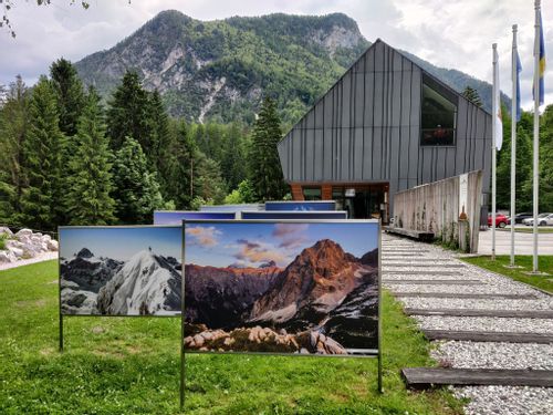 The outside exhibition at the Slovenian Alpine Museum with images of mountains.
